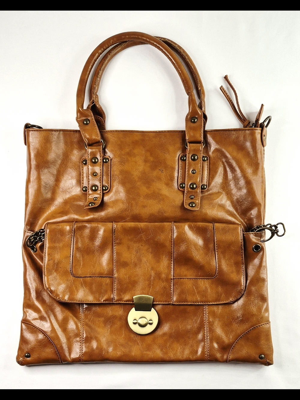 Classic Tan Leather Tote Bag with Front Flap Pocket